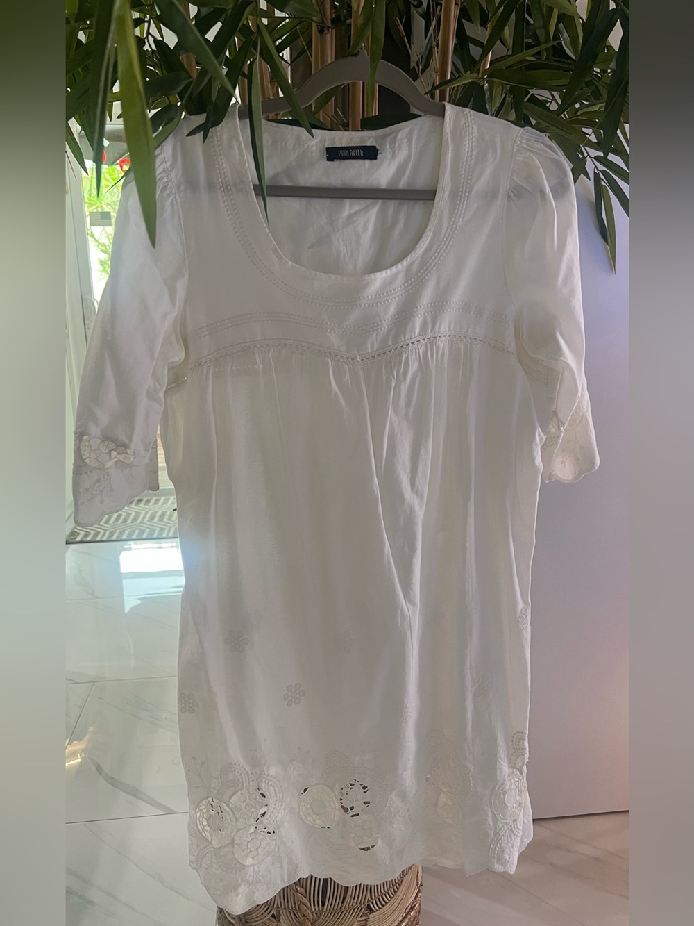 White Linen-Blend Embroidered Scoop-Neck Dress